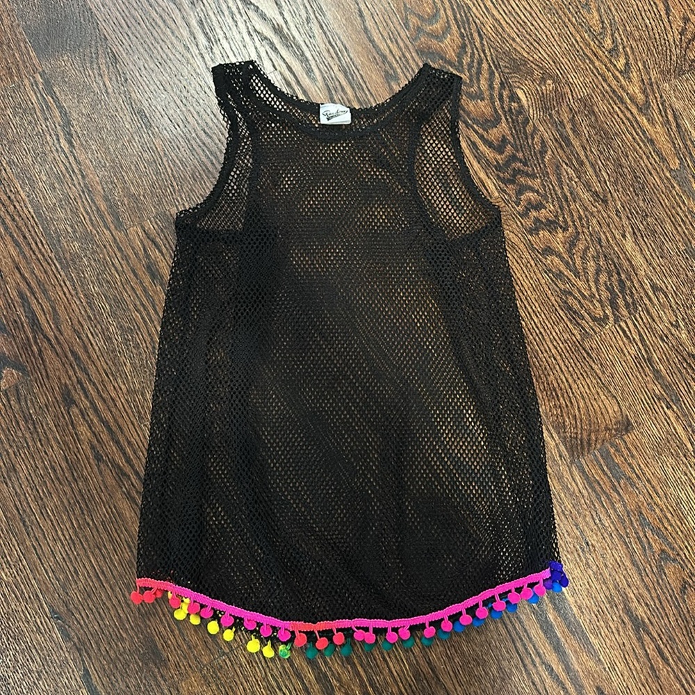 Random Black Mesh Swim Cover-up with Pom-Pom Trim (253)